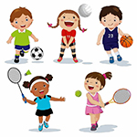 pięcioro dzieci z różnymi dyscyplinami sportu