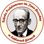 Logo szkoły, z wizerunkiem Jana Brzechwy. Napis: Szkoła Podstawowa im. Jana Brzechwy w Szklarach Górnych