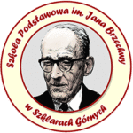 Logo szkoły, z wizerunkiem Jana Brzechwy. Napis: Szkoła Podstawowa im. Jana Brzechwy w Szklarach Górnych